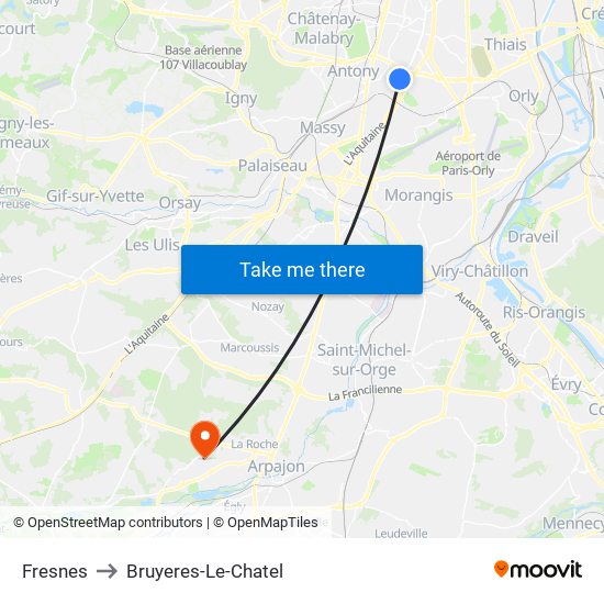 Fresnes to Bruyeres-Le-Chatel map