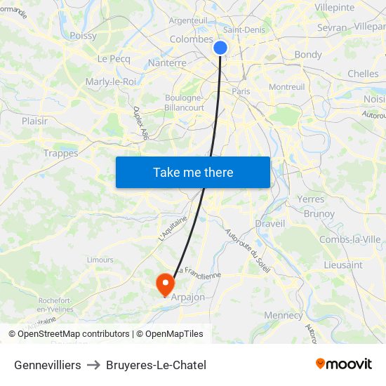 Gennevilliers to Bruyeres-Le-Chatel map