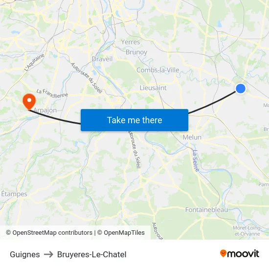 Guignes to Bruyeres-Le-Chatel map