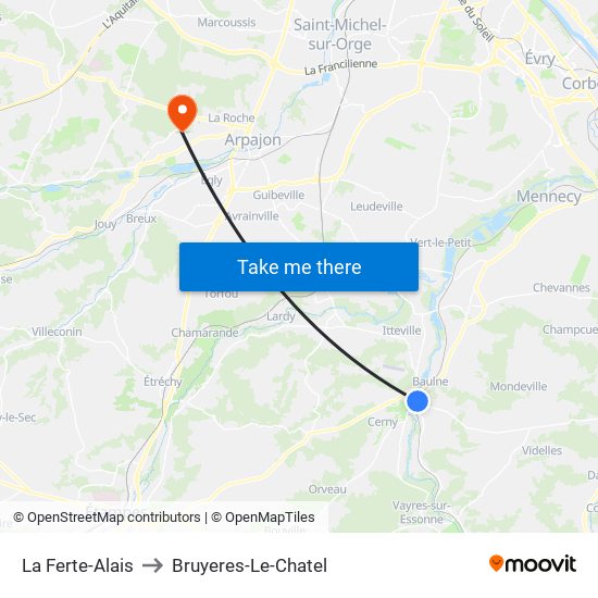 La Ferte-Alais to Bruyeres-Le-Chatel map