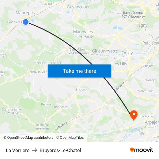 La Verriere to Bruyeres-Le-Chatel map