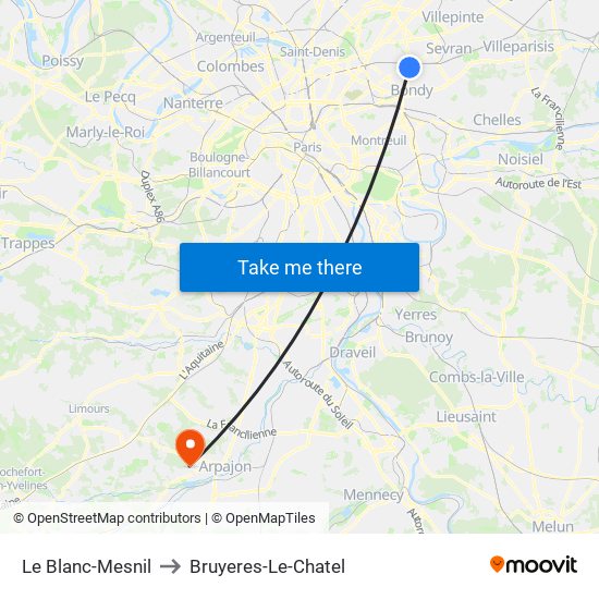 Le Blanc-Mesnil to Bruyeres-Le-Chatel map