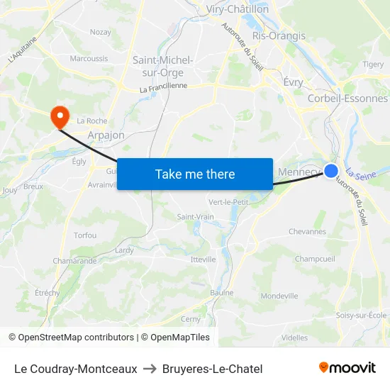 Le Coudray-Montceaux to Bruyeres-Le-Chatel map
