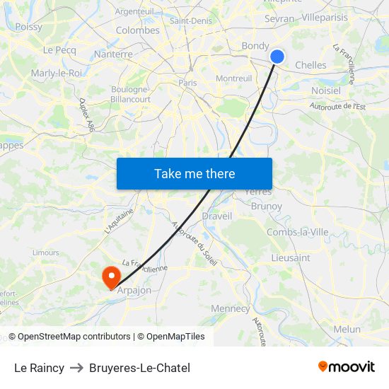 Le Raincy to Bruyeres-Le-Chatel map