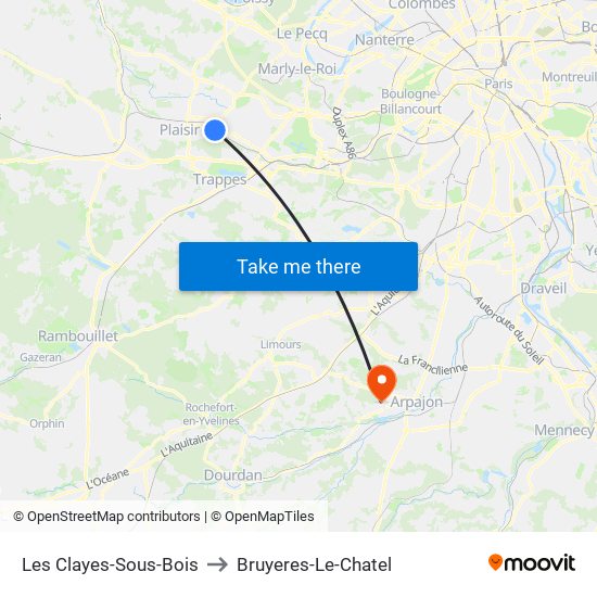 Les Clayes-Sous-Bois to Bruyeres-Le-Chatel map