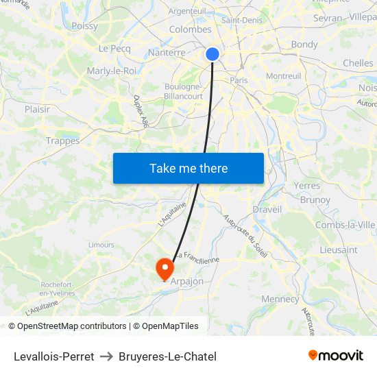 Levallois-Perret to Bruyeres-Le-Chatel map