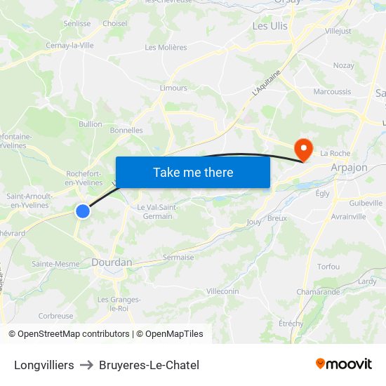 Longvilliers to Bruyeres-Le-Chatel map