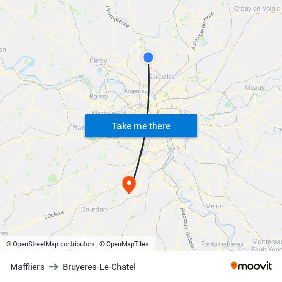 Maffliers to Bruyeres-Le-Chatel map