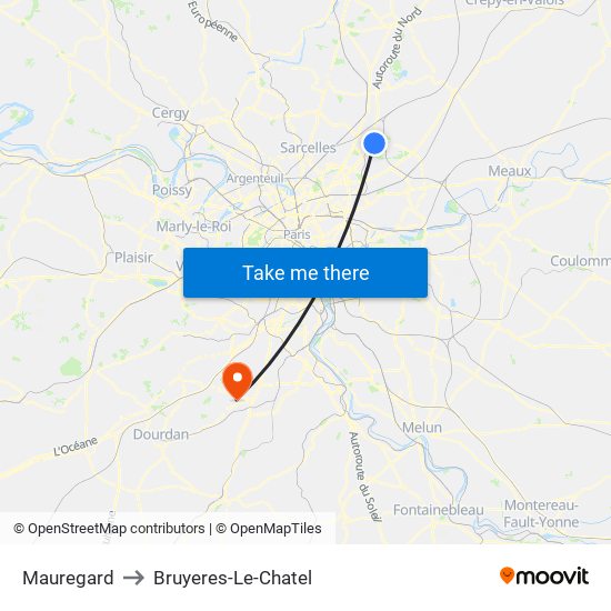 Mauregard to Bruyeres-Le-Chatel map