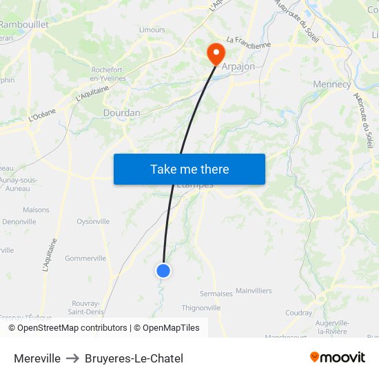 Mereville to Bruyeres-Le-Chatel map