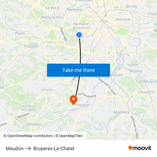 Meudon to Bruyeres-Le-Chatel map