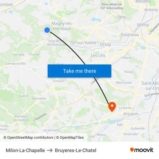 Milon-La-Chapelle to Bruyeres-Le-Chatel map