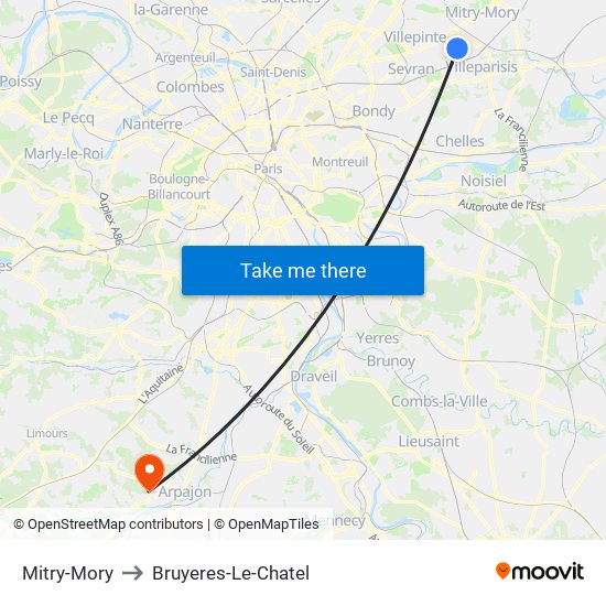Mitry-Mory to Bruyeres-Le-Chatel map