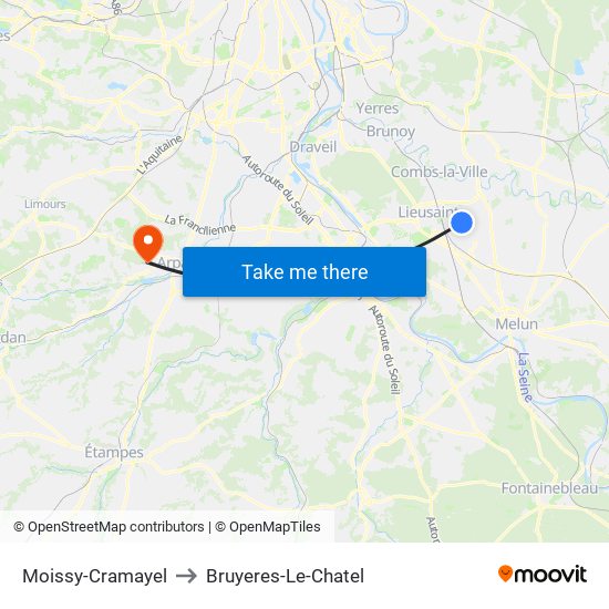 Moissy-Cramayel to Bruyeres-Le-Chatel map