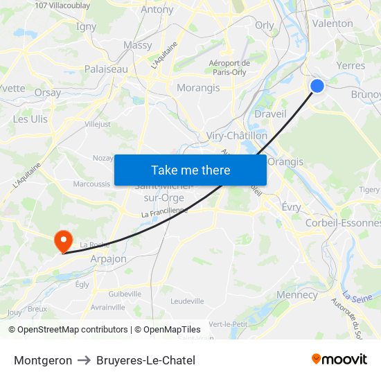 Montgeron to Bruyeres-Le-Chatel map