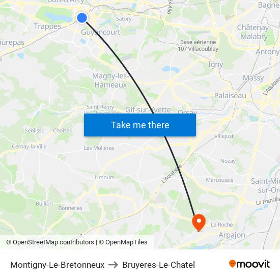 Montigny-Le-Bretonneux to Bruyeres-Le-Chatel map