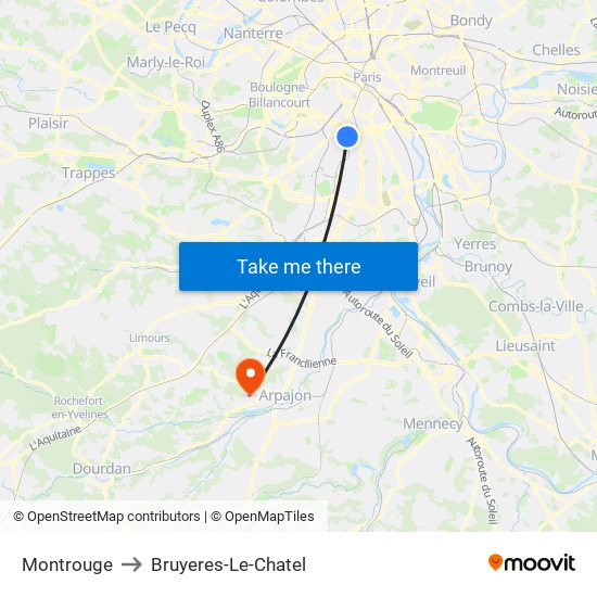 Montrouge to Bruyeres-Le-Chatel map