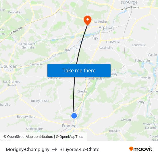 Morigny-Champigny to Bruyeres-Le-Chatel map