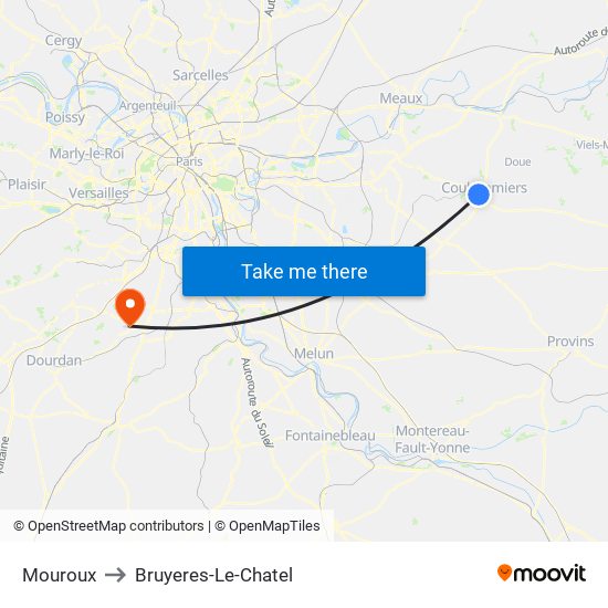 Mouroux to Bruyeres-Le-Chatel map