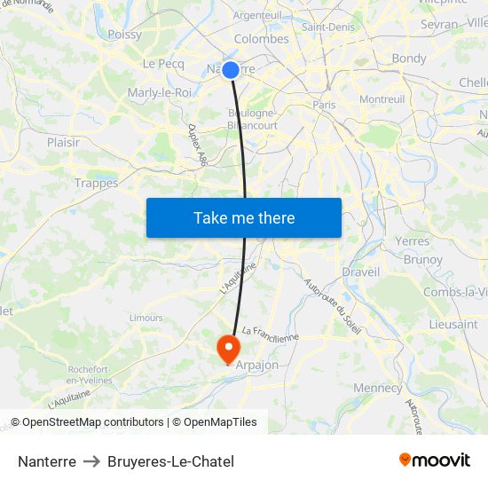 Nanterre to Bruyeres-Le-Chatel map