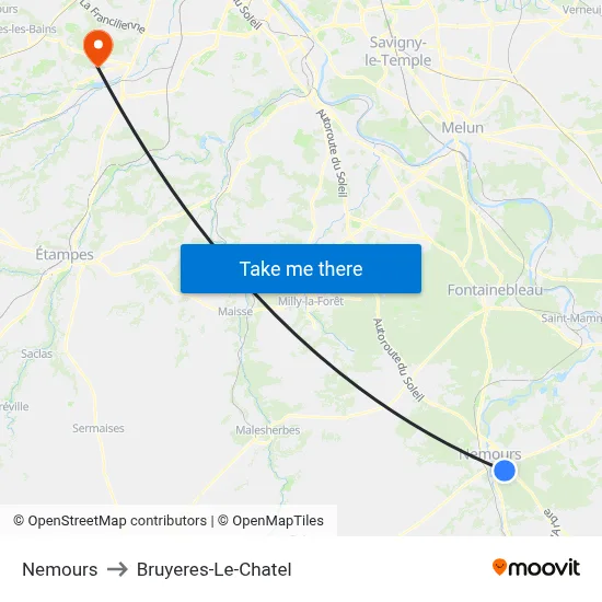 Nemours to Bruyeres-Le-Chatel map