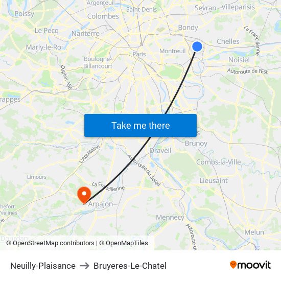 Neuilly-Plaisance to Bruyeres-Le-Chatel map