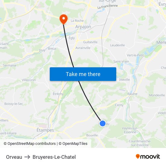 Orveau to Bruyeres-Le-Chatel map