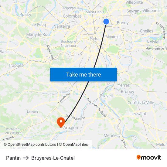 Pantin to Bruyeres-Le-Chatel map