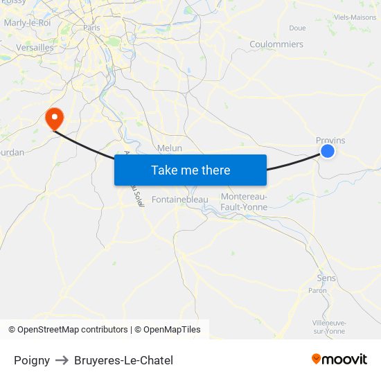 Poigny to Bruyeres-Le-Chatel map