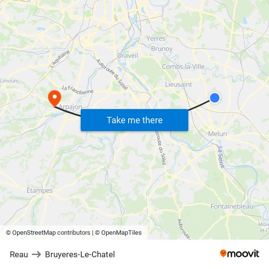 Reau to Bruyeres-Le-Chatel map