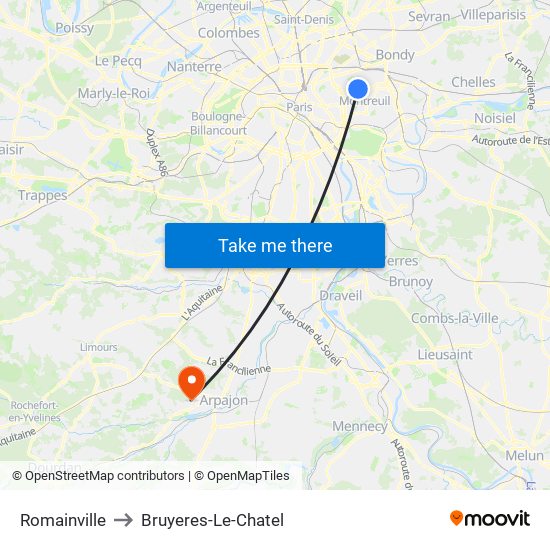 Romainville to Bruyeres-Le-Chatel map