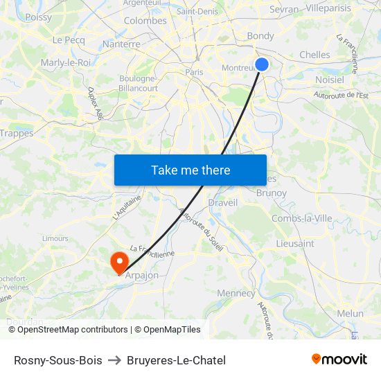 Rosny-Sous-Bois to Bruyeres-Le-Chatel map
