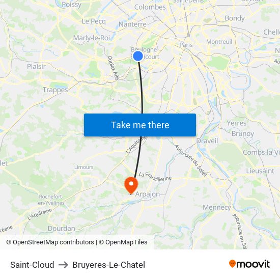 Saint-Cloud to Bruyeres-Le-Chatel map