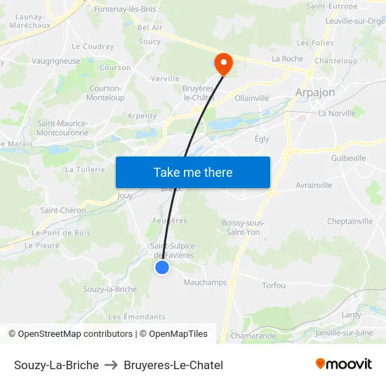Souzy-La-Briche to Bruyeres-Le-Chatel map