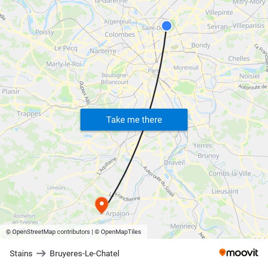 Stains to Bruyeres-Le-Chatel map