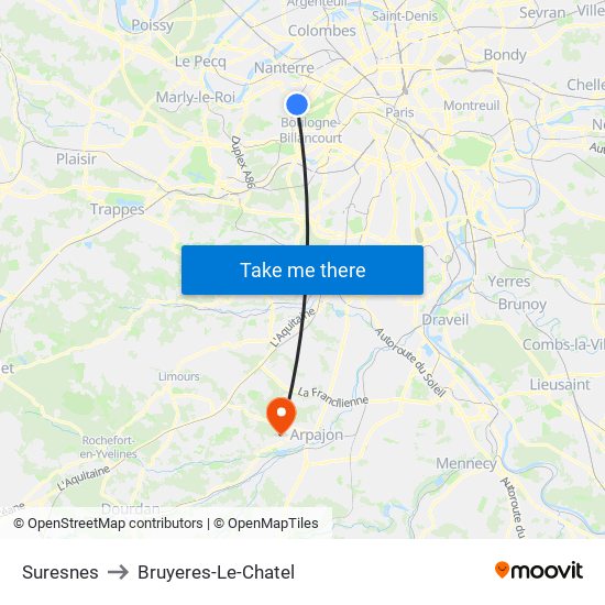 Suresnes to Bruyeres-Le-Chatel map