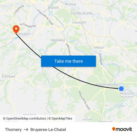 Thomery to Bruyeres-Le-Chatel map