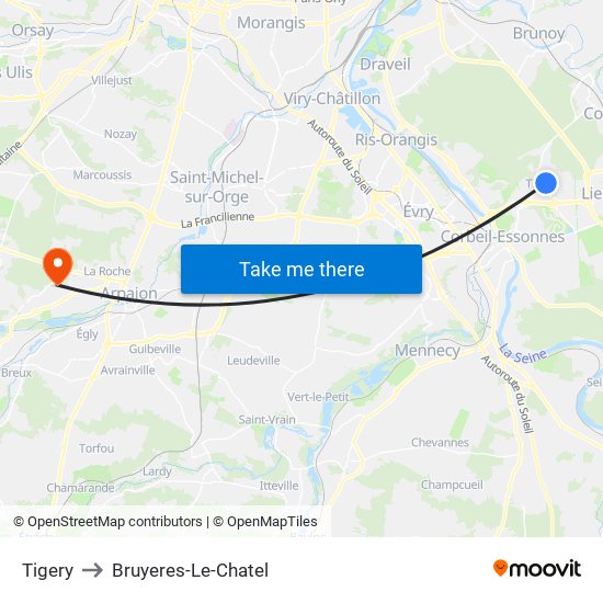 Tigery to Bruyeres-Le-Chatel map