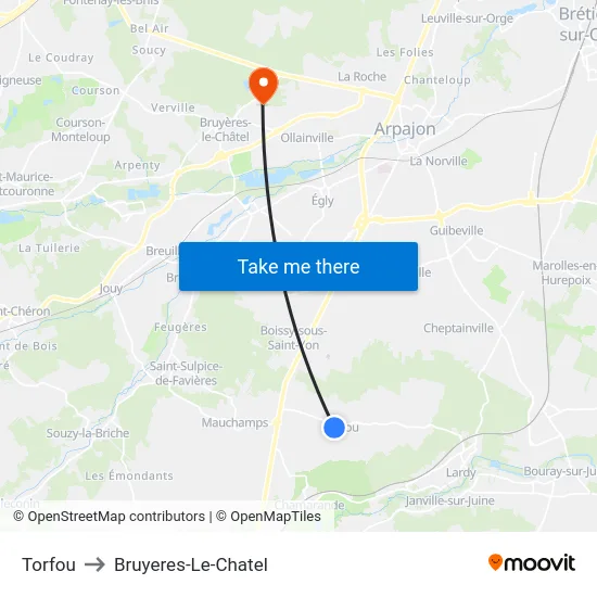 Torfou to Bruyeres-Le-Chatel map