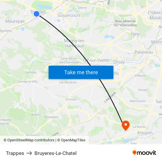 Trappes to Bruyeres-Le-Chatel map