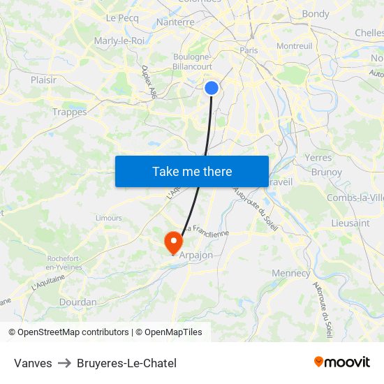 Vanves to Bruyeres-Le-Chatel map