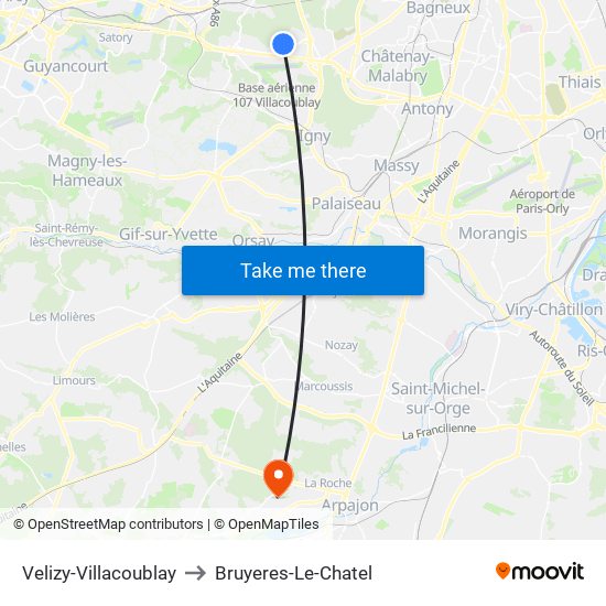 Velizy-Villacoublay to Bruyeres-Le-Chatel map