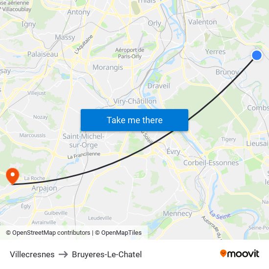 Villecresnes to Bruyeres-Le-Chatel map