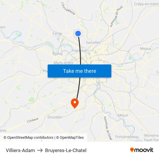 Villiers-Adam to Bruyeres-Le-Chatel map