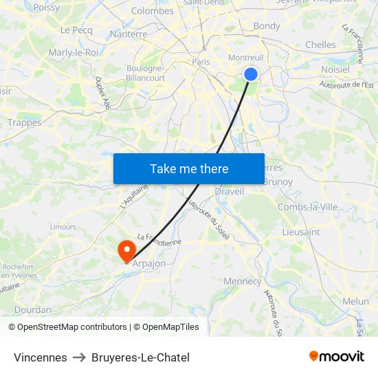 Vincennes to Bruyeres-Le-Chatel map
