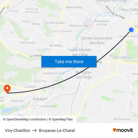 Viry-Chatillon to Bruyeres-Le-Chatel map