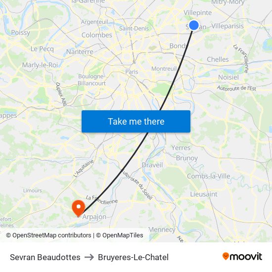 Sevran Beaudottes to Bruyeres-Le-Chatel map