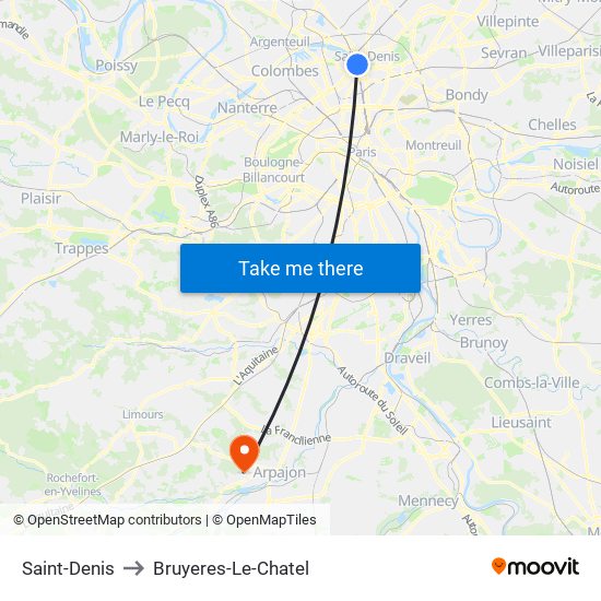 Saint-Denis to Bruyeres-Le-Chatel map
