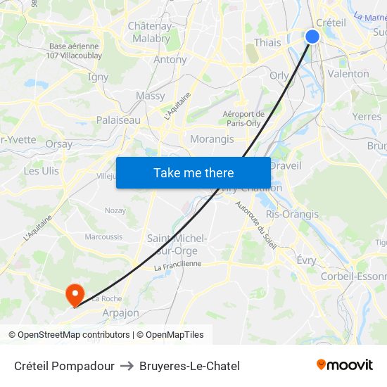 Créteil Pompadour to Bruyeres-Le-Chatel map