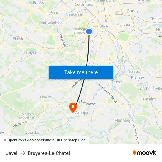 Javel to Bruyeres-Le-Chatel map